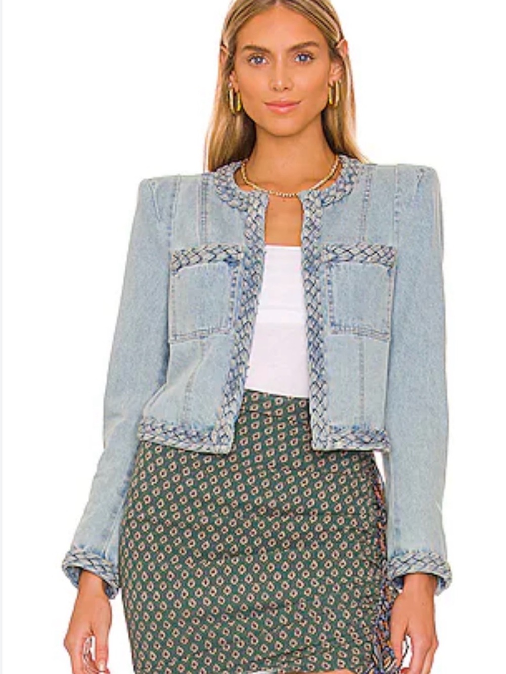 Veronica Beard Lt Blue Arrowe Cropped Denim Blazer Jacket with Braided Trim - 2 - Picture 2 of 12